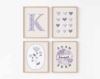 Lavender Dorm Decor Light Purple Wall Art for Dorm Printable Set of 4 in Purple Feminine Artwork for College Girls Decor Personalized Custom