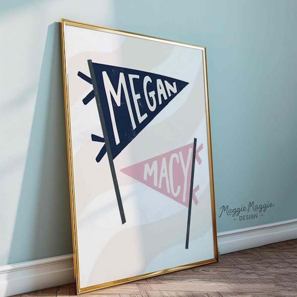 Navy Pink Personalized Dorm Wall Art Minimal Floral Dorm Decor for Teen & College Girls Feminine Art for Bedroom or Dorm Room Personalized