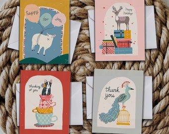 Set of 8 Greeting Cards, Panda, Flamingo, Seal, Peacock, Sheep, French Bulldog, All Occasion Card Pack, Happy Birthday Cards, Variety Pack