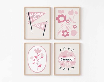 Set of 4 Pink Personalized Dorm Wall Art Minimal Floral Dorm Decor for Teen & College Girls Feminine Art Bedroom Roommate Art Custom Dorm