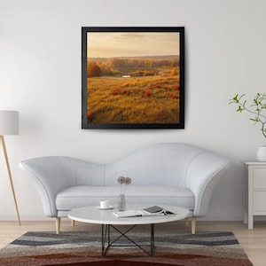 Könnte beinhalten: Ein quadratischer Wandkunstdruck mit einer Landschaftsszene aus einer goldenen Wiese mit roten Laubflecken, die zu einem entfernten Wald und einem kleinen Teich unter einem weichen, warmen Himmel führt, alles in einem einfachen schwarzen Rahmen.