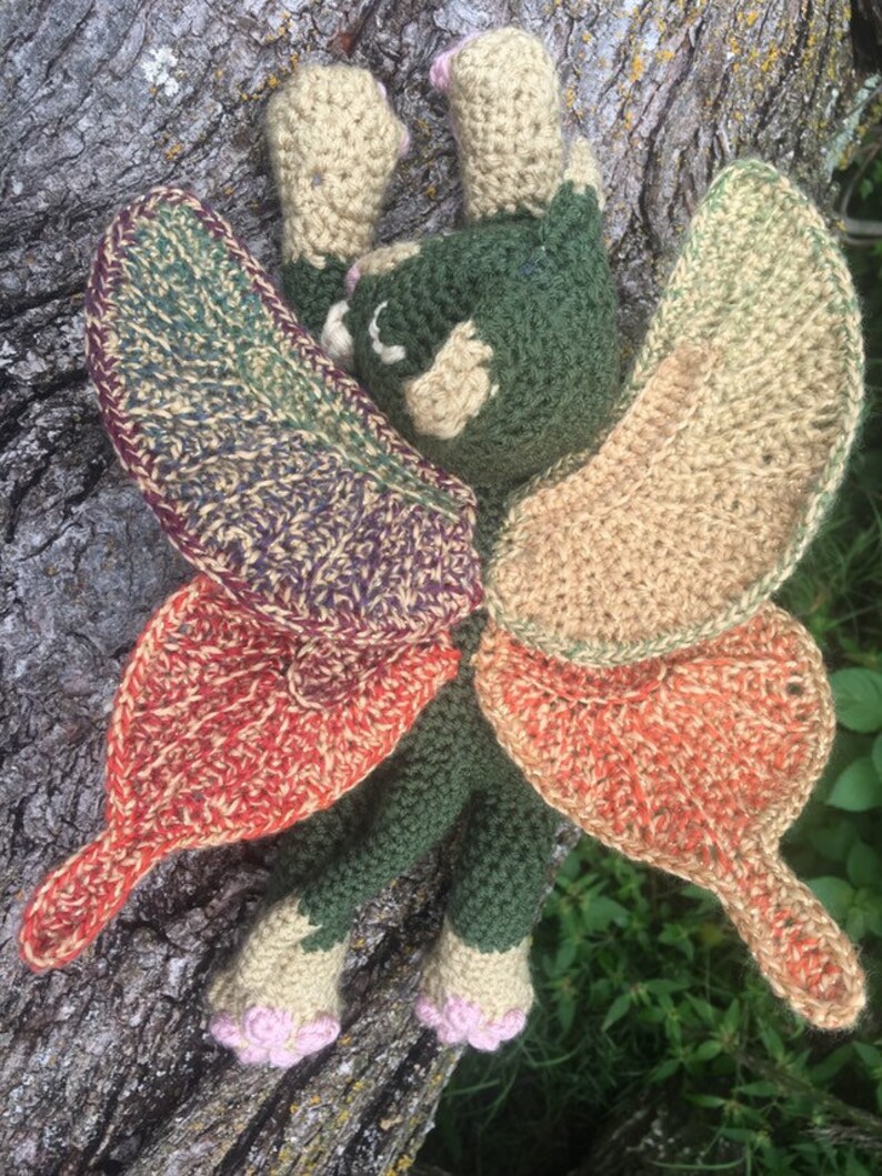 Crocheted Fantasy Amigurumi Fairy Kitten with Wired Wings Sleeping Forest Fairy Kitten