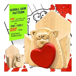 May include: Wooden scroll saw pattern for a heart-shaped design. The image shows a finished wooden sculpture of a creature holding a red heart. The text on the image says "SCROLL SAW PATTERN" and "PDF FOR SCROLL SAW - PAGES READY TO PRINT AND PDF/SVG/DXF FILES Instant Download."