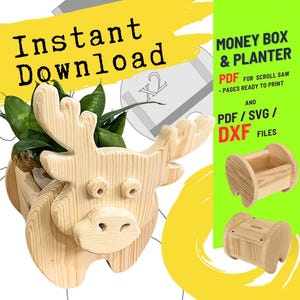 May include: A wooden moose-shaped planter with green plants inside. The planter is made of light-colored wood and has a detailed design. The image also includes text that says "Instant Download" and "Money Box & Planter".