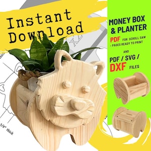 May include: A wooden lion-shaped planter with a plant inside. The planter is made of light-colored wood and has a detailed design. The image also includes text that says "Instant Download" and "Money Box & Planter".