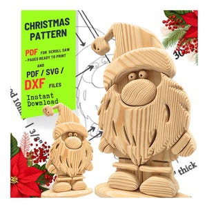 May include: A wooden Christmas gnome pattern for scroll saw projects. The image shows two carved gnomes, one large and one small, with a Santa hat and beard. The text on the image says "Christmas Pattern" and "Instant Download".