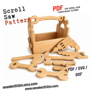 May include: A wooden toolbox with various wooden toy tools, including a saw, hammer, wrench, and drill. The text "Scroll Saw Pattern" is at the top left, and "PDF for Scroll Saw" is at the top right. The Etsy and website addresses are at the bottom.