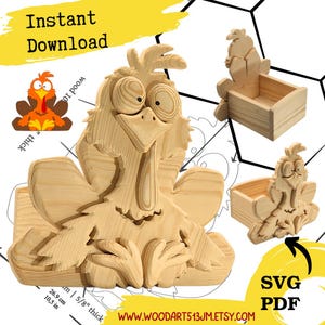 May include: Wooden turkey-shaped planter with a cartoonish design. The planter is made of light-coloured wood and features a large, expressive face. The text "Instant Download" is in the upper left corner. The dimensions are 26.9 cm high and 5/8 inches thick.