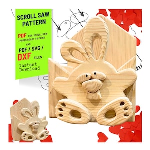 May include: A wooden bunny scroll saw pattern, featuring a detailed design with a bunny shape. The image includes a smaller version of the bunny and text that reads "SCROLL SAW PATTERN" and "PDF/SVG/DXF FILES Instant Download".