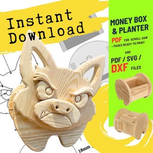 Peut inclure: Image d'un modèle de tirelire et de jardinière en bois, avec un visage de chien sculpté et caricatural. L'image comprend le texte "Téléchargement instantané" et des détails sur les fichiers PDF, SVG et DXF pour les projets de scie à chantourner.