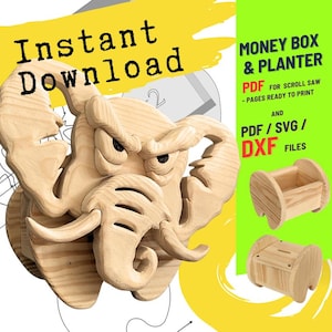 Può includere: Una scultura in legno a forma di testa di elefante con un'espressione arrabbiata e le parole "Download istantaneo" in uno striscione giallo. L'immagine mostra anche un salvadanaio e una fioriera, con testo che indica file PDF, SVG e DXF per progetti di seghetto alternativo.