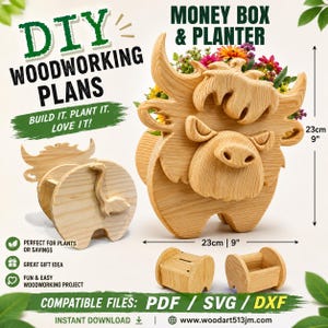 May include: DIY woodworking plans for a wooden Highland cow money box and planter. The design features a light wood grain texture, measuring 9 inches by 9 inches. Includes PDF, SVG, and DXF files for construction. Text reads DIY WOODWORKING PLANS.