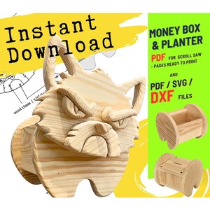 May include: A wooden money box and planter in the shape of a dragon's head. The design is made of light-colored wood and features the text "Instant Download" and "Money Box & Planter". Includes PDF, SVG, and DXF files.