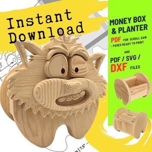 May include: A wooden money box and planter design with a cartoonish wolf face. The image includes the text "Instant Download" and "Money Box & Planter" with file type options. The wolf face is approximately 7.5 inches wide.