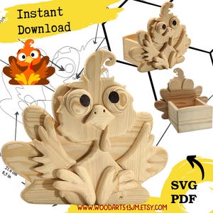 May include: Wooden turkey-shaped craft project with a cartoon design. The turkey has large eyes and outstretched wings. The image includes a smaller turkey illustration and a box-shaped version. The text "Instant Download" and "SVG PDF" are visible.