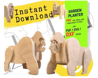 Gorilla Planter Woodworking Plans, Scroll Saw Template (PDF, SVG, Dxf)