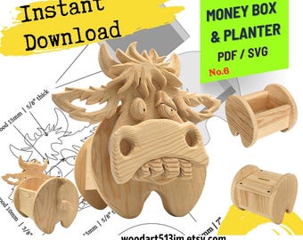 Wooden Animal Planter & Money Box Digital Plans (PDF/SVG) Cow