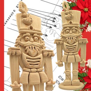 May include: Two wooden nutcrackers, each with a detailed design. The nutcrackers are light brown and feature a hat, mustache, and uniform. One nutcracker has measurements of 18.7 inches. The background includes a red border and poinsettias.