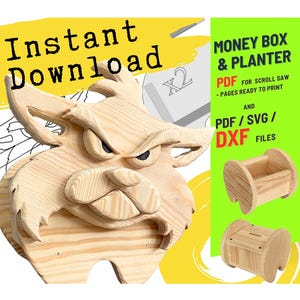 May include: A wooden money box and planter design with the text "Instant Download". The design includes a carved wooden face and two small wooden box designs. The text "Money Box & Planter" and file type options are also visible.