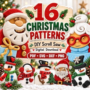 Peut inclure: Un ensemble de 16 modèles de Noël en téléchargement numérique pour projets de scie à chantourner, illustrant le Père Noël, la Mère Noël et des bonhommes de neige. Le texte indique 16 CHRISTMAS PATTERNS, DIY Scroll Saw, Digital Download, PDF, SVG, DXF, PNG.