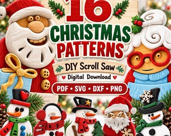16 Christmas Scroll Saw Patterns, Santa, Snowman, Reindeer (PDF, SVG)