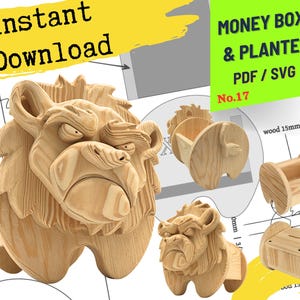 May include: A wooden money box and planter set, featuring a bulldog design. The set includes a large bulldog-shaped money box, a planter, and a smaller bulldog figurine. The text "Instant Download" and "Money Box & Planter PDF/SVG" are visible.