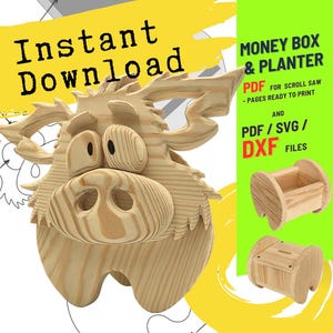 Op de afbeelding: Een houten, cartoonachtige stier spaarpot en plantenbak ontwerp. De afbeelding bevat de tekst "Instant Download" en "Money Box & Planter" met PDF-, SVG- en DXF-bestandopties voor decoupeerzaagprojecten. Er worden ook twee kleine houten kistjes getoond.