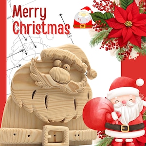 May include: A wooden Santa Claus figure with a detailed beard and hat. The figure is light brown and has a belt with a square buckle. The words "Merry Christmas" are written in red. A cartoon Santa Claus with a red bag is also shown.
