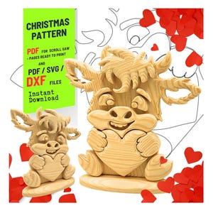 May include: A wooden Christmas pattern featuring a cartoon-like creature holding a heart. The design is available in PDF, SVG, and DXF files. The image also includes the text "CHRISTMAS PATTERN" and "Instant Download".