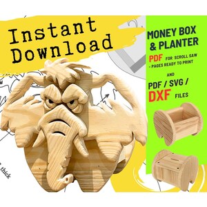 May include: A wooden elephant-shaped money box and planter design. The image includes the text "Instant Download" and "Money Box & Planter" with file type options. Two small wooden planter boxes are also shown.