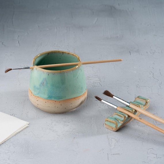 Ceramic Paint Brush Holder Set, Paint Water Cup, Handmade Paint Brush Rest Gift for Artists, Gift for Painters