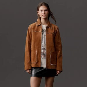 Women’s Vintage Tan Brown Real Suede Leather Jacket: Handmade Studded Retro 70s Western Style