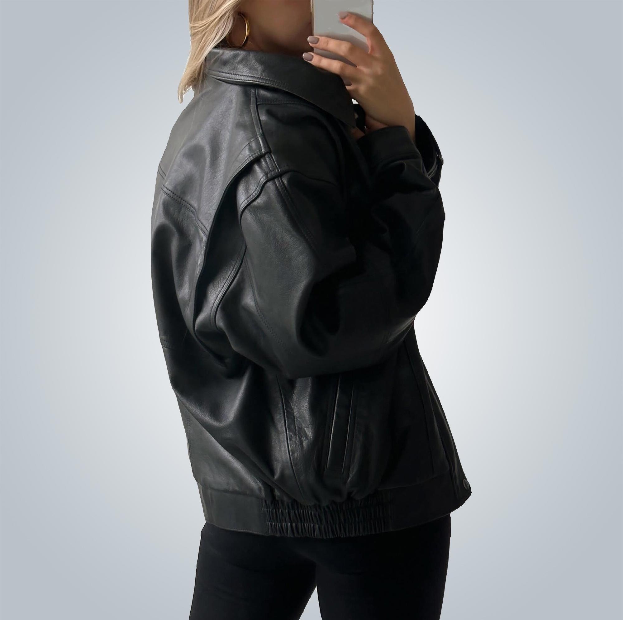 1990s Oversized Retro Real Black Leather Jacket: Vintage Bomber