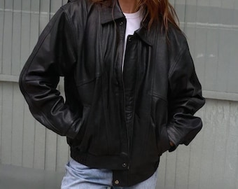 1990s Oversized Retro Real Black Leather Jacket: Vintage Bomber Boxy Fit Coat