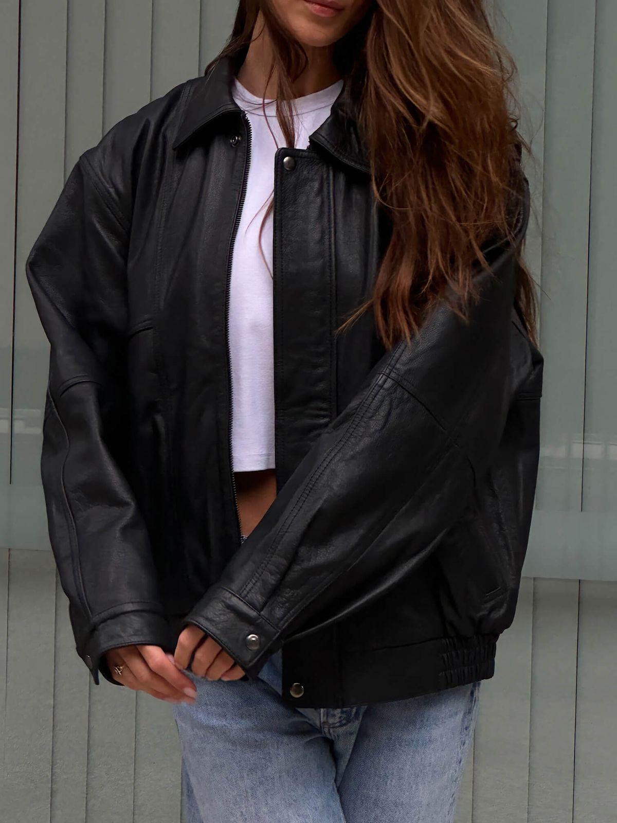 1990s Oversized Retro Real Black Leather Jacket: Vintage Bomber