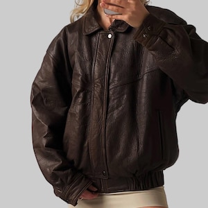 1990s Oversized Distressed Vintage Brown Real Leather Jacket: Retro Bomber Boxy Fit Coat