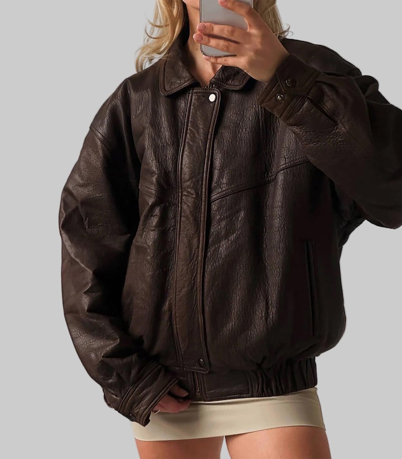 1990s Oversized Distressed Vintage Brown Real Leather Jacket: Retro Bomber Boxy Fit Coat