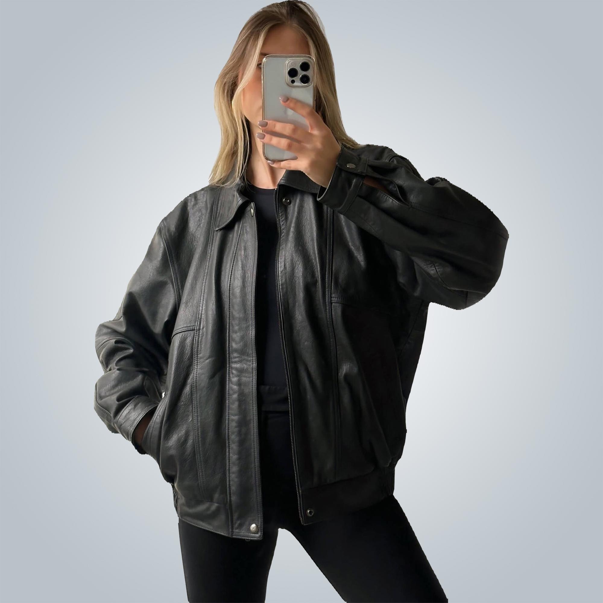 1990s Oversized Retro Real Black Leather Jacket: Vintage Bomber