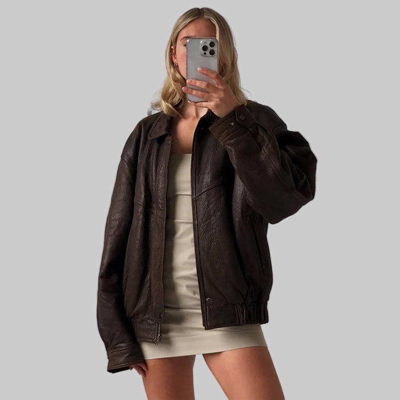 1990s Oversized Distressed Vintage Brown Real Leather Jacket: Retro Bomber Boxy Fit Coat