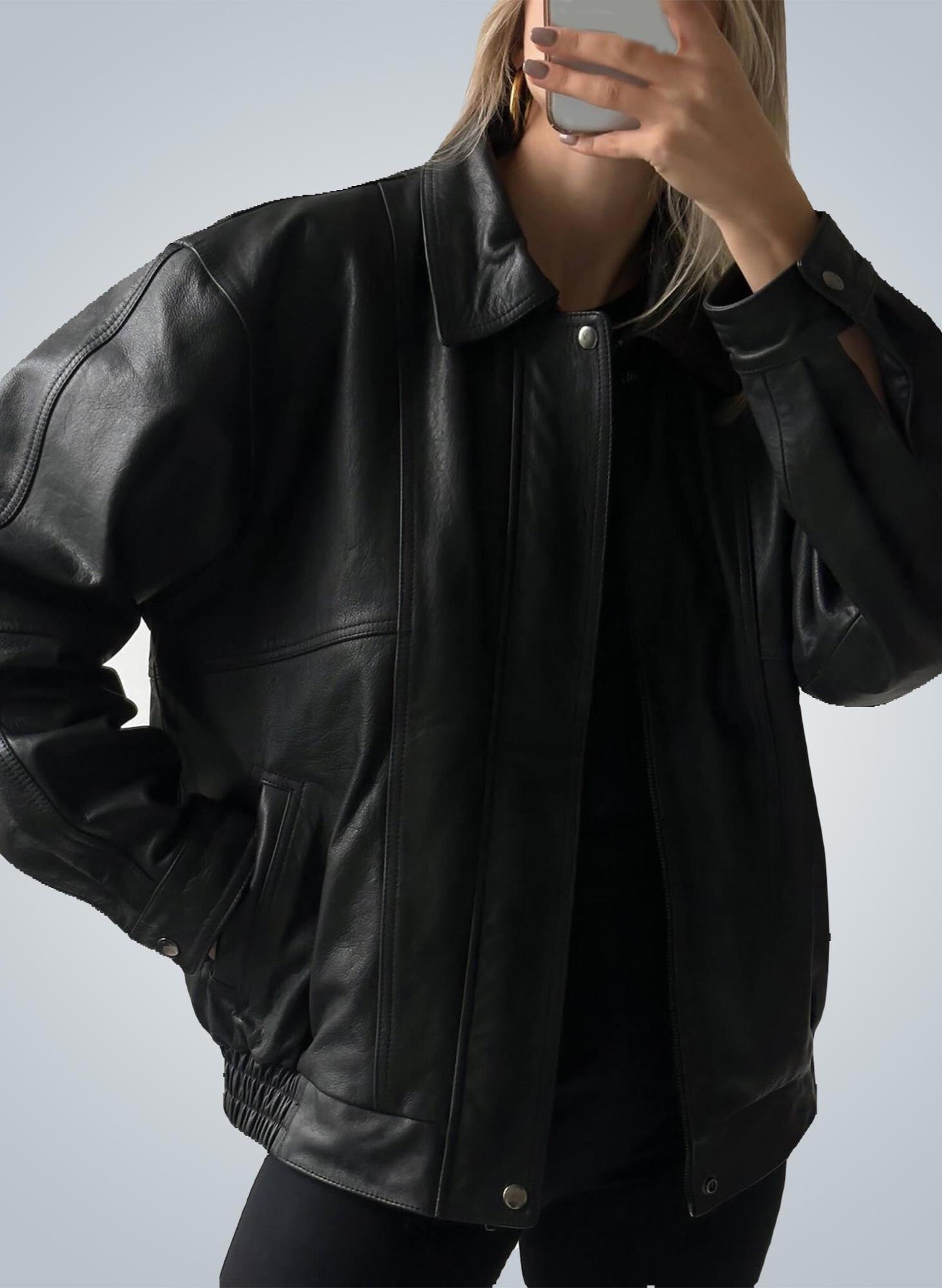 1990s Oversized Retro Real Black Leather Jacket: Vintage Bomber