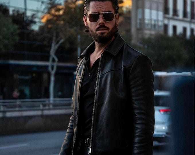 1990s Vintage Black Genuine Sheepskin Leather Biker Jacket: Handmade Retro Motorcycle Jacket