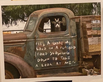 Goat art print, Funny goat in an old truck, farmhouse decor, 18x24 inches print, Country home Goat decor, Farm animal art, Rustic truck art