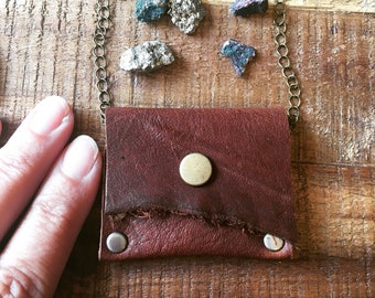 Leather Medicine Bag Necklace, Small Pouch for Healing Crystals, Native American Inspired, Good Luck Talisman Pendant necklace, Dark Brown