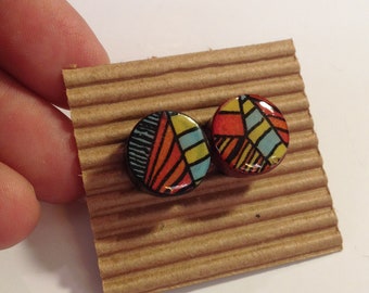 Wood Stud Earrings, Wooden Studs, Multicolored Round Stud Earrings, Faux Wooden Plugs, Plug-like Studs