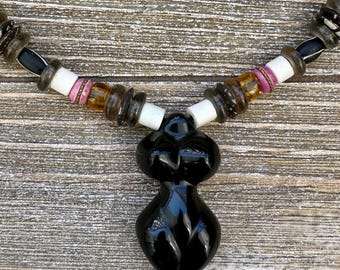 Obsidian Goddess Pendant Necklace, Tribal Beaded Jewelry