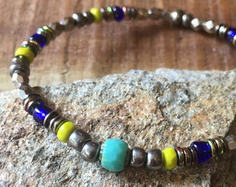 Beaded Bracelet, Stainless Steel Beaded Bracelet With Color Accents, Aqua,Green And Blue, Glass,Stainless Steel and Brass Beads