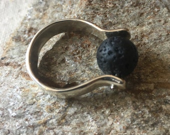 Raw Stone Ring, Silver Ring with Black Lava Stone Bead, Bohemian Jewelry, Contemporary Ring, Boho Rings, Sterling Silver Jewelry