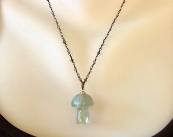 Crystal Mushroom Necklace, Smoky quartz rosary chain with Jade stone mushroom pendant, Gray crystal rosary with gunmetal tone chain.
