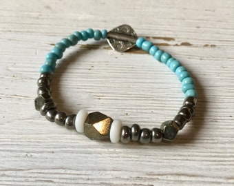 Raw Pyrite Bracelet with Vintage African Brass Beads, Meditation Jewelry,Energy Bracelet,Spiritual Jewelry,Light Blue and Steel