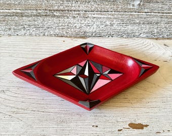 Diamond Shape Jewelry Dish, Hand painted decorative wooden tray, Jewelry storage plate, Painted diamond, Red,black and gray